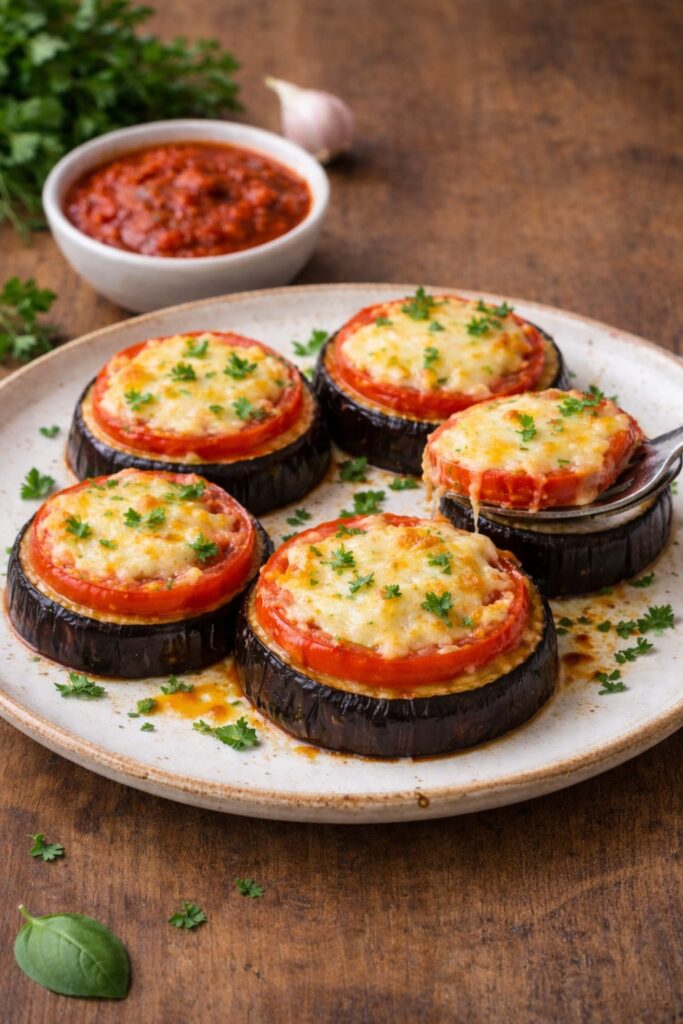 запечённые баклажаны с помидорами и сыром на тарелке