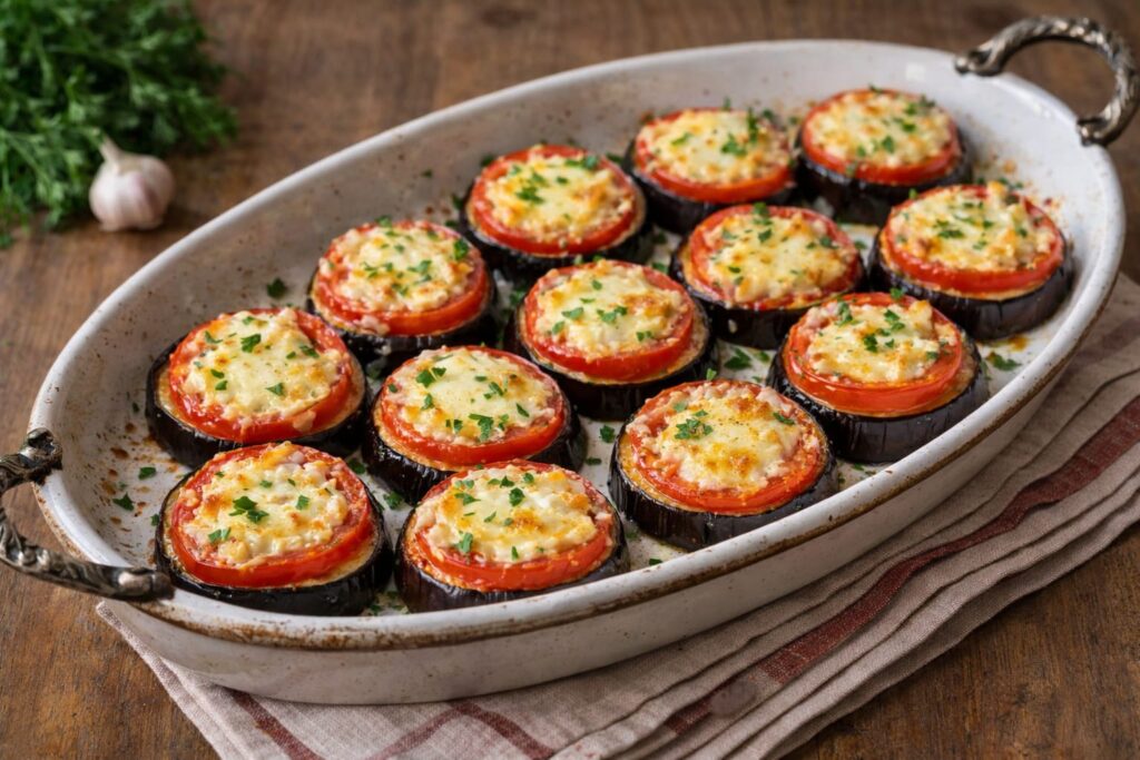 запечённые баклажаны с помидорами и сыром в форме для запекания
