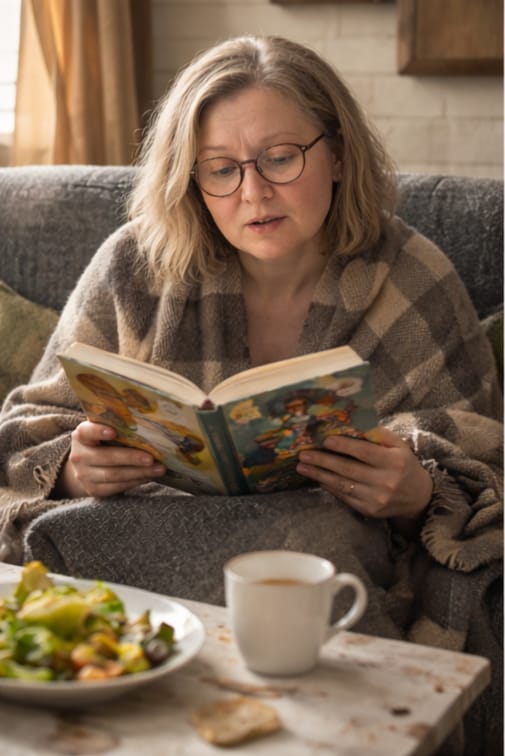 женщина читает книгу с чашкой чая