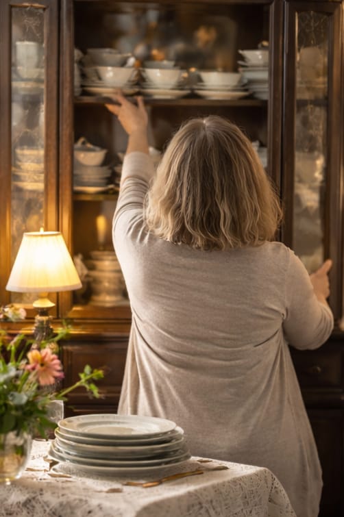 женщина достаёт сервиз из шкафа