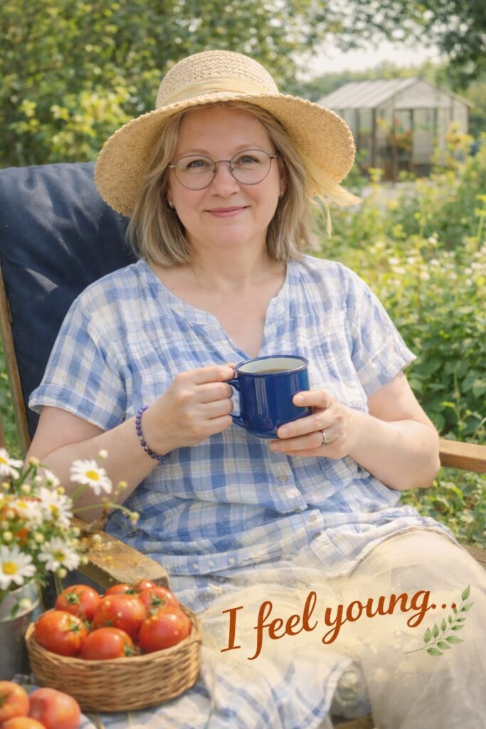 den-oschuscheniya-sebya-molodoy-sad женщина пьёт чай в саду в соломенной шляпе