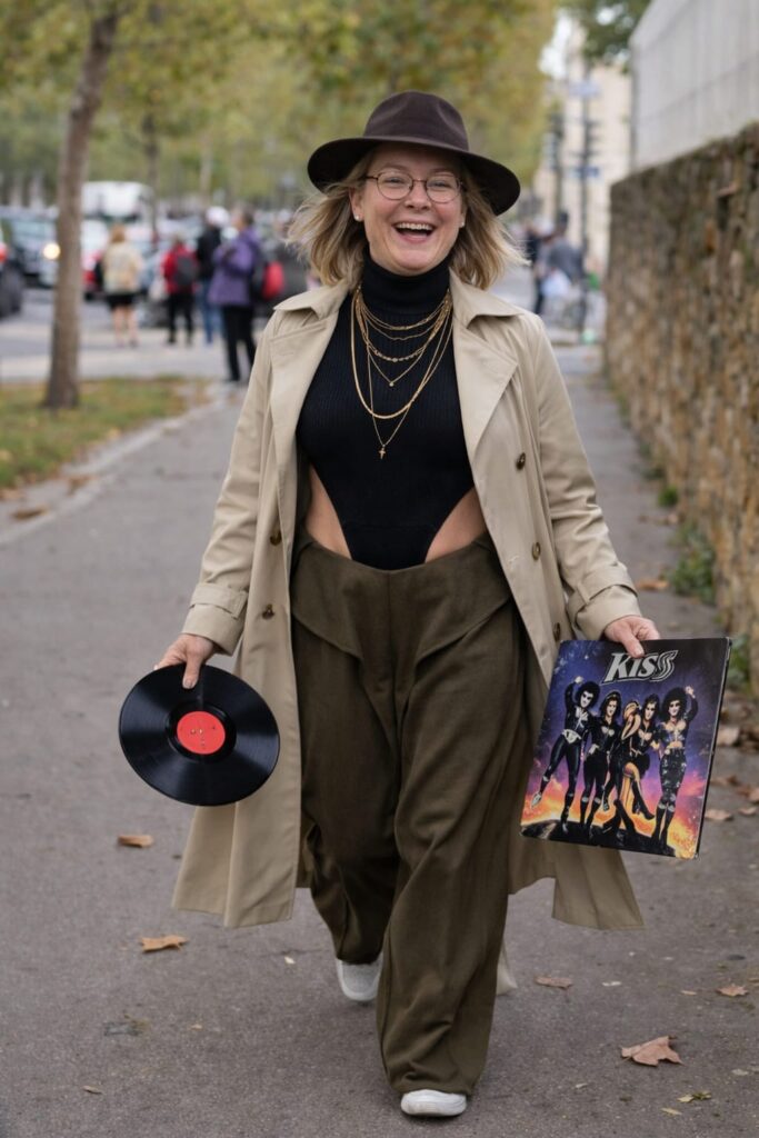 жінка з вініловою платівкою на прогулянці