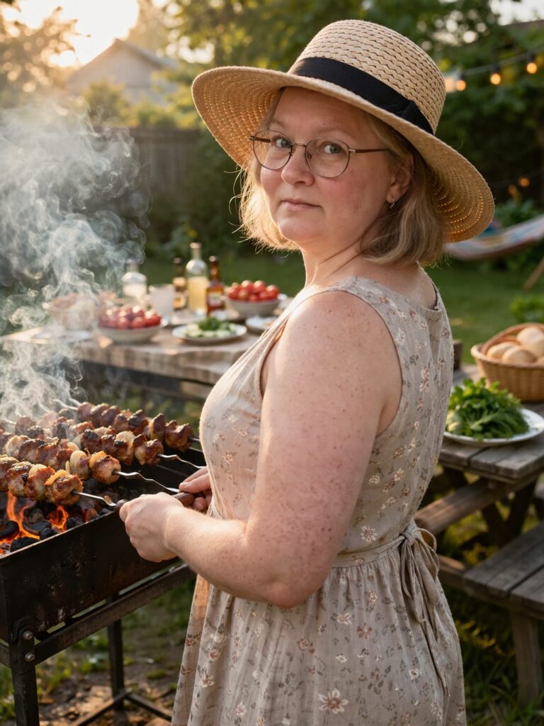 domashnyaya-eda-na-grile-letniy-vecher женщина готовит мясо на гриле во дворе