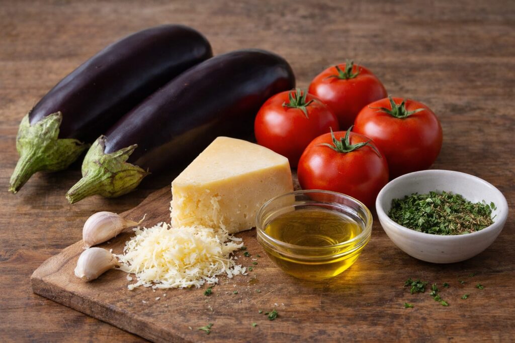 інгредієнти для баклажанів запечених з помідорами та сиром