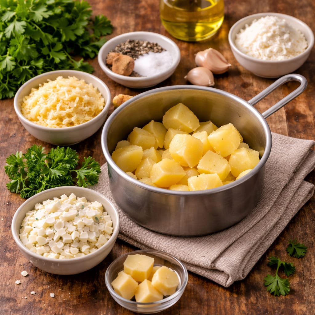 Ингредиенты для картофельных палочек — варёный картофель, сыр, мука, чеснок и зелень