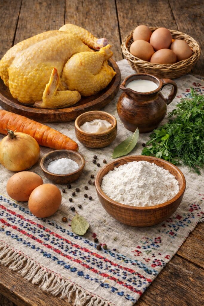 Інгредієнти для домашнього курячого бульйону - курка, яйця, морква, цибуля та борошно