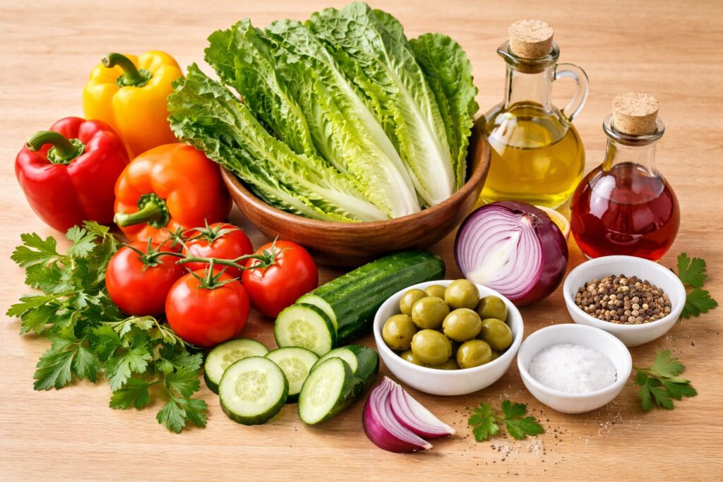 Інгредієнти для овочевого салату з оливками інгредієнти для овочевого салату ромен огірок помідори перець оливки