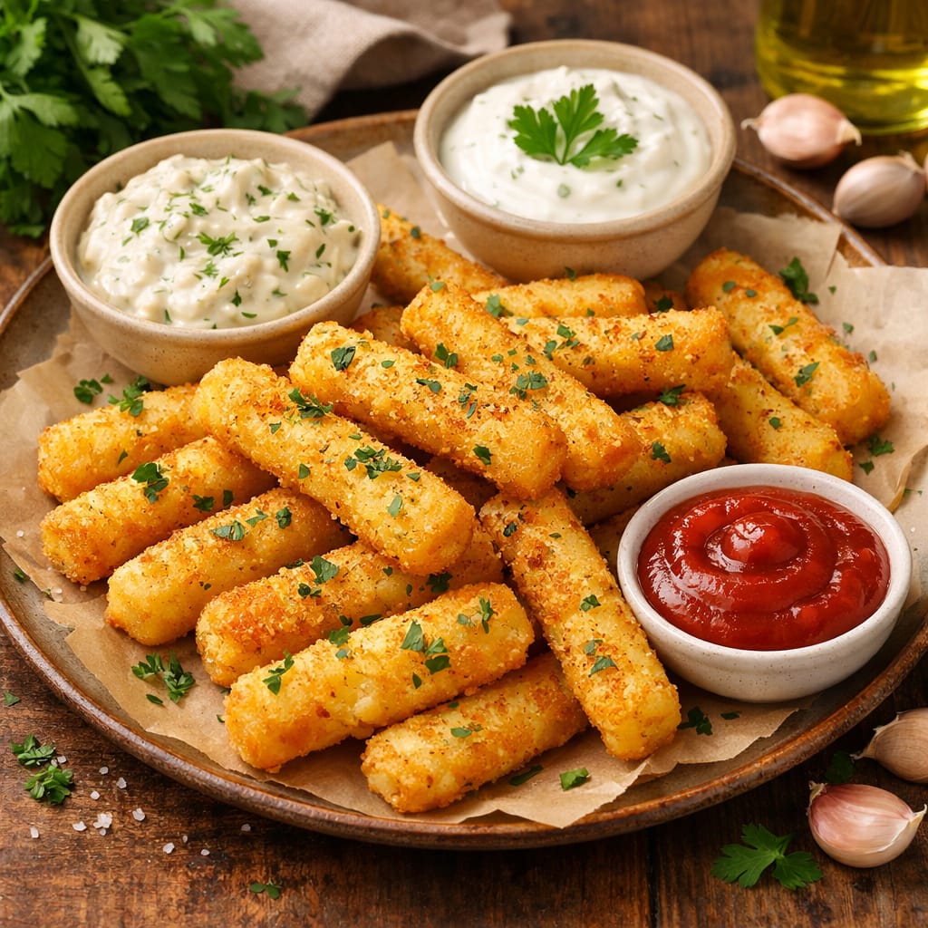 Хрусткі картопляні палички із зеленню подані із соусом