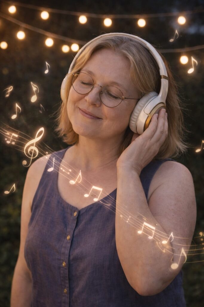 muzyka-i-spokoy-letniy-vecher женщина слушает музыку в наушниках вечером в саду