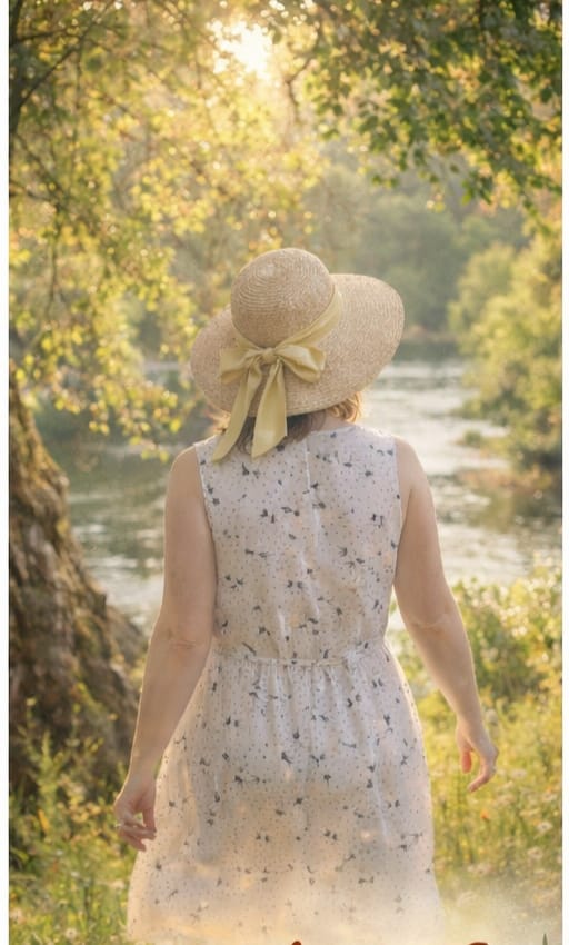 progulka-u-reki-letniy-den женщина идёт по тропинке у реки в летнем платье