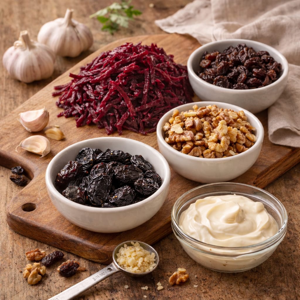 салат из свеклы с черносливом изюмом и грецкими орехами