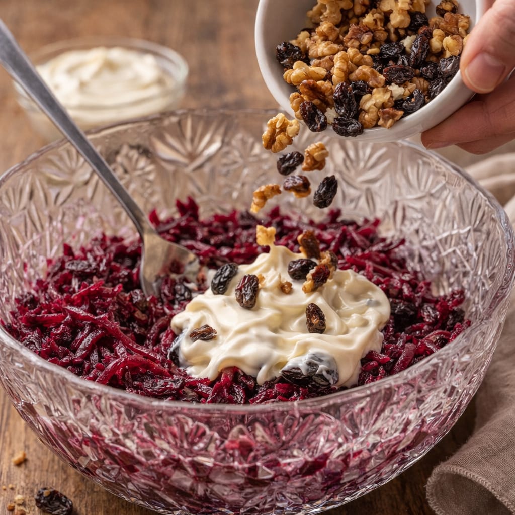 салат из свеклы с черносливом изюмом и грецкими орехами с майонезом