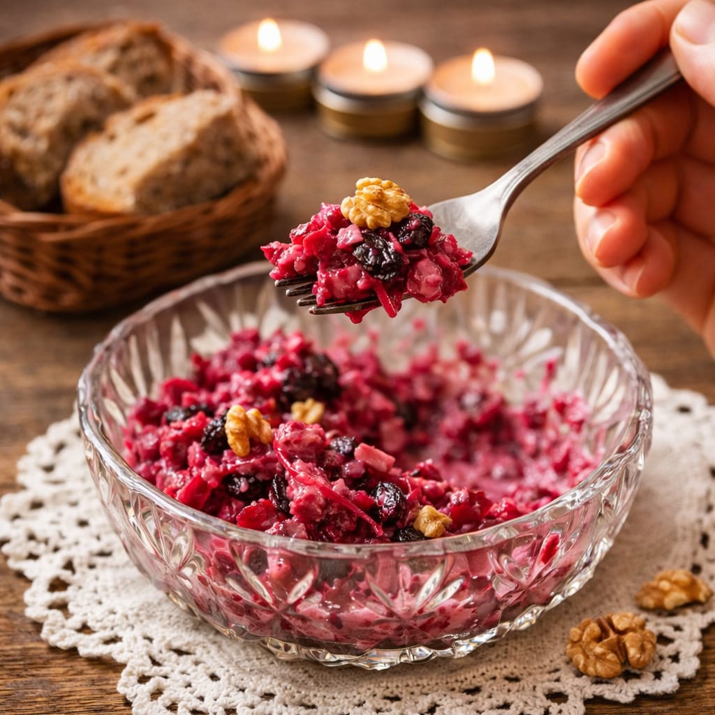 порция салата из свеклы с черносливом изюмом и грецкими орехами