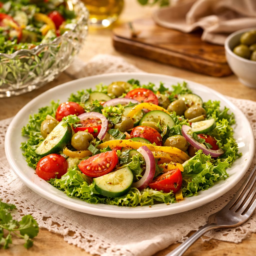 овощной салат с оливками огурцом помидорами и заправкой винегрет