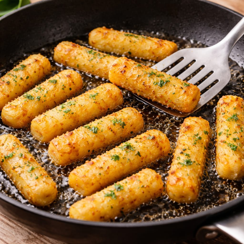 Картофельные палочки с зеленью жарятся на сковороде до золотистой корочки