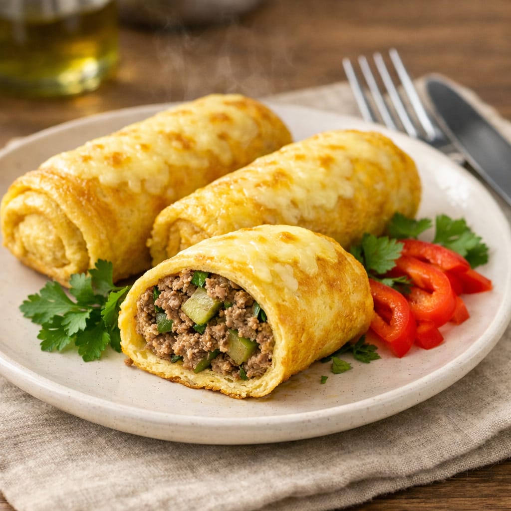 Бризоль мясная с огурцом и сыром — рулеты из яичного блина с фаршем