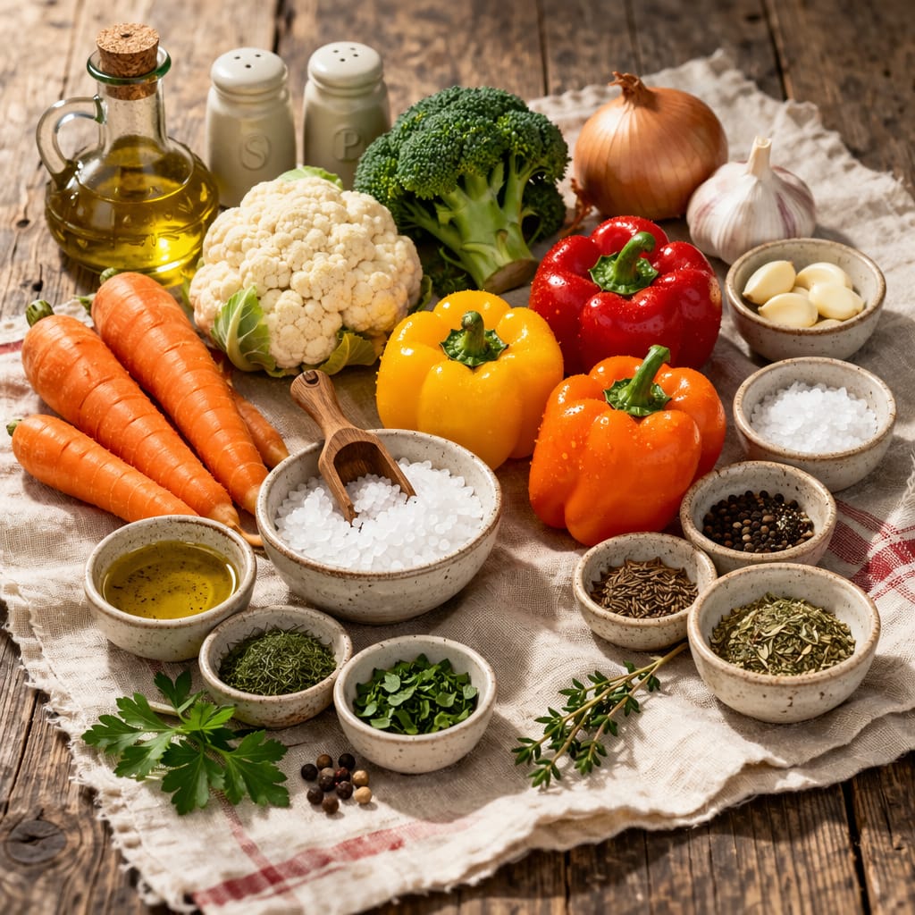Ингредиенты для запечённых овощей — брокколи, цветная капуста, морковь, сладкий перец и специи