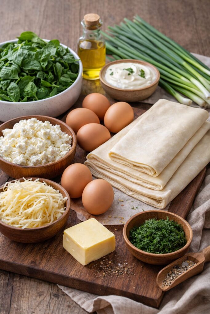 ингредиенты для слоёного пирога со шпинатом и яйцами