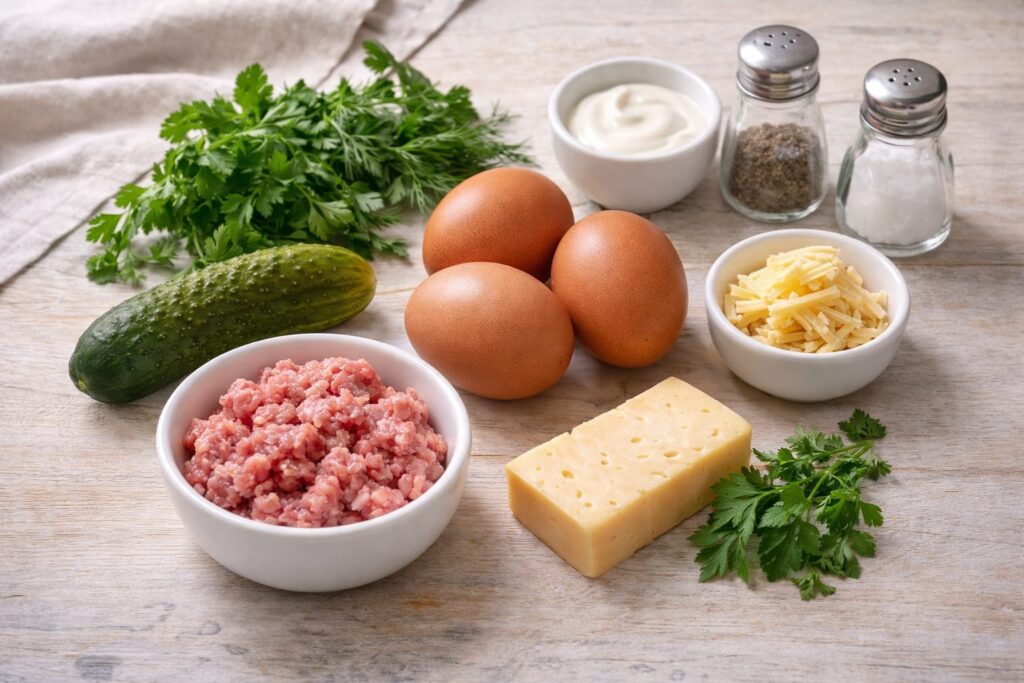 Інгредієнти для бризолі — фарш, яйця, сир, огірок, зелень і сметана