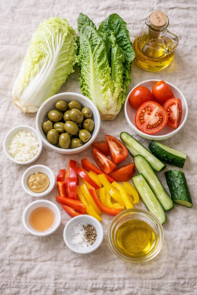 Інгредієнти для салату з пекінської капусти, ромену, овочів та соусу вінегрет