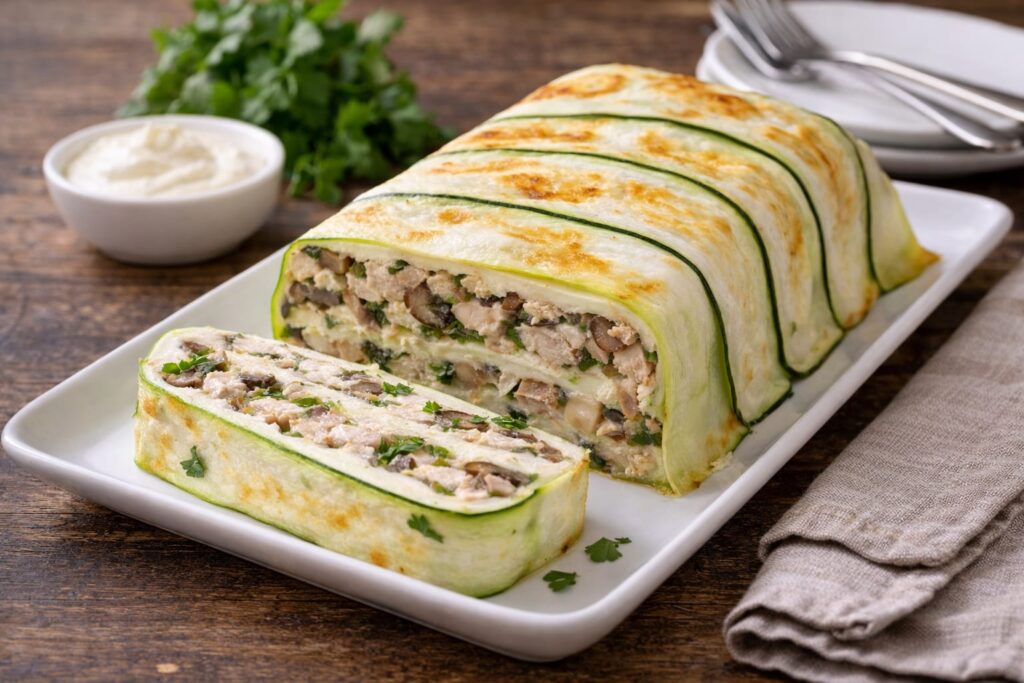 кабачковый террин с индейкой и грибами нарезанный кусочками