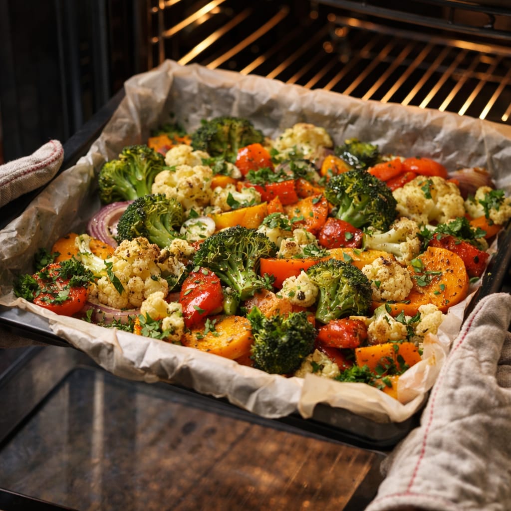 Овощи с брокколи, цветной капустой и перцем запекаются в духовке