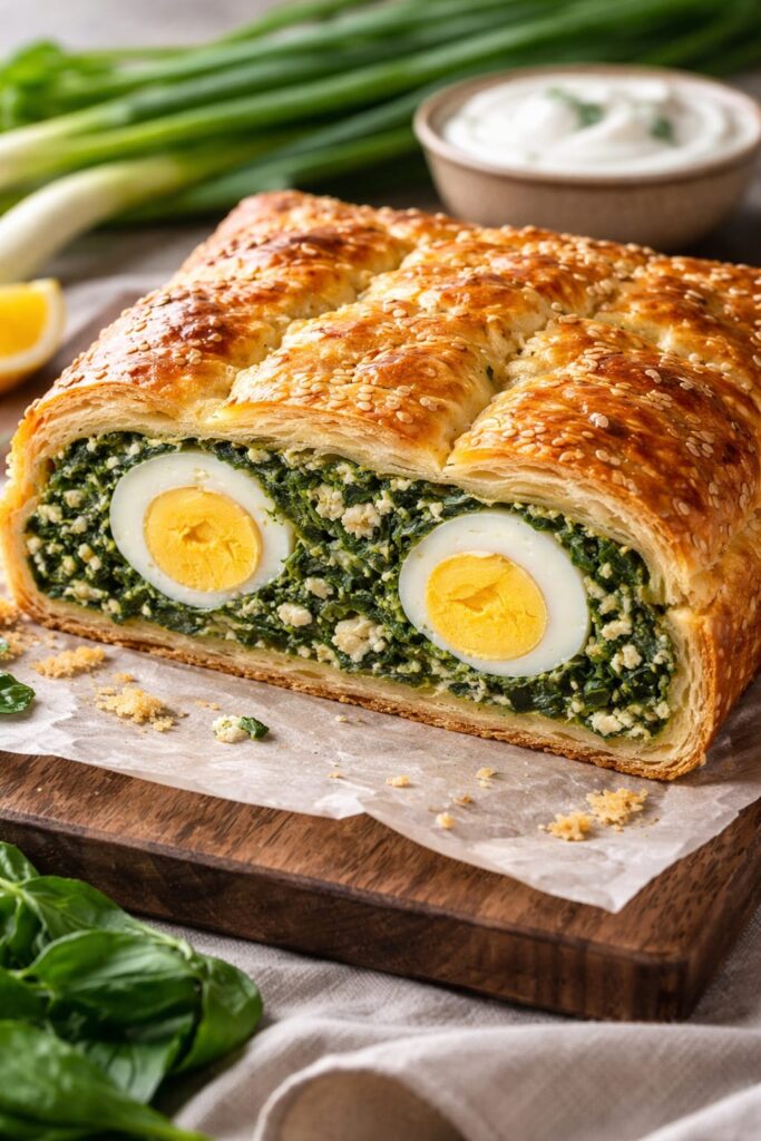 слоёный пирог со шпинатом и яйцами в разрезе