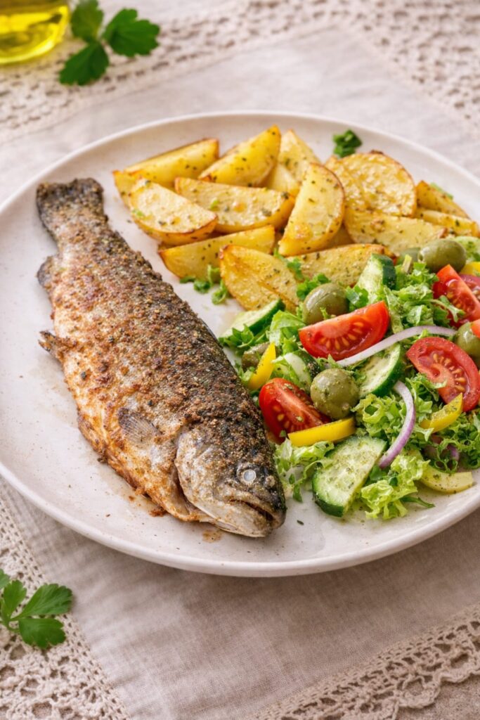 запечённая ручьевая форель поданная с картофелем и овощным салатом