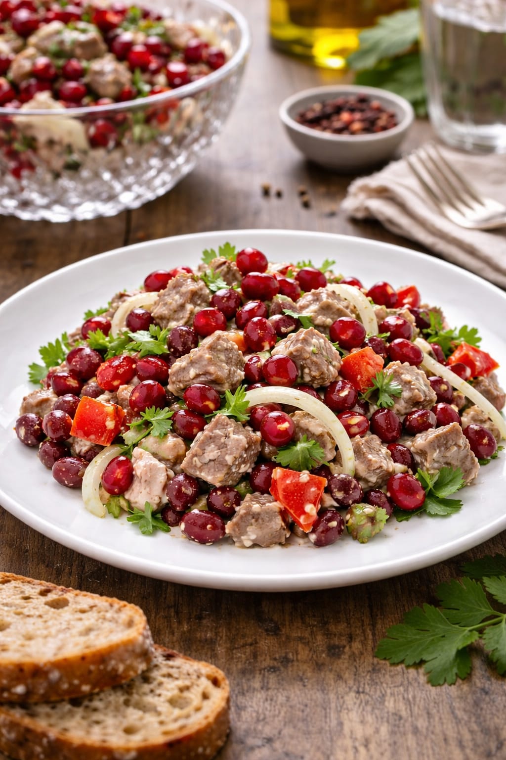 Салат из отварной говядины с фасолью и гранатом