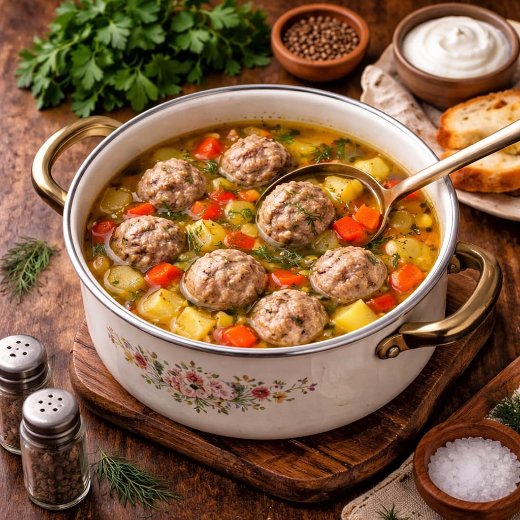 суп с фрикадельками варится в кастрюле