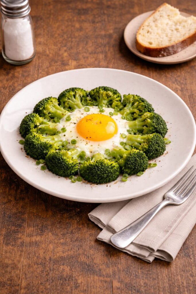 Яичница с брокколи и зелёным луком на тарелке