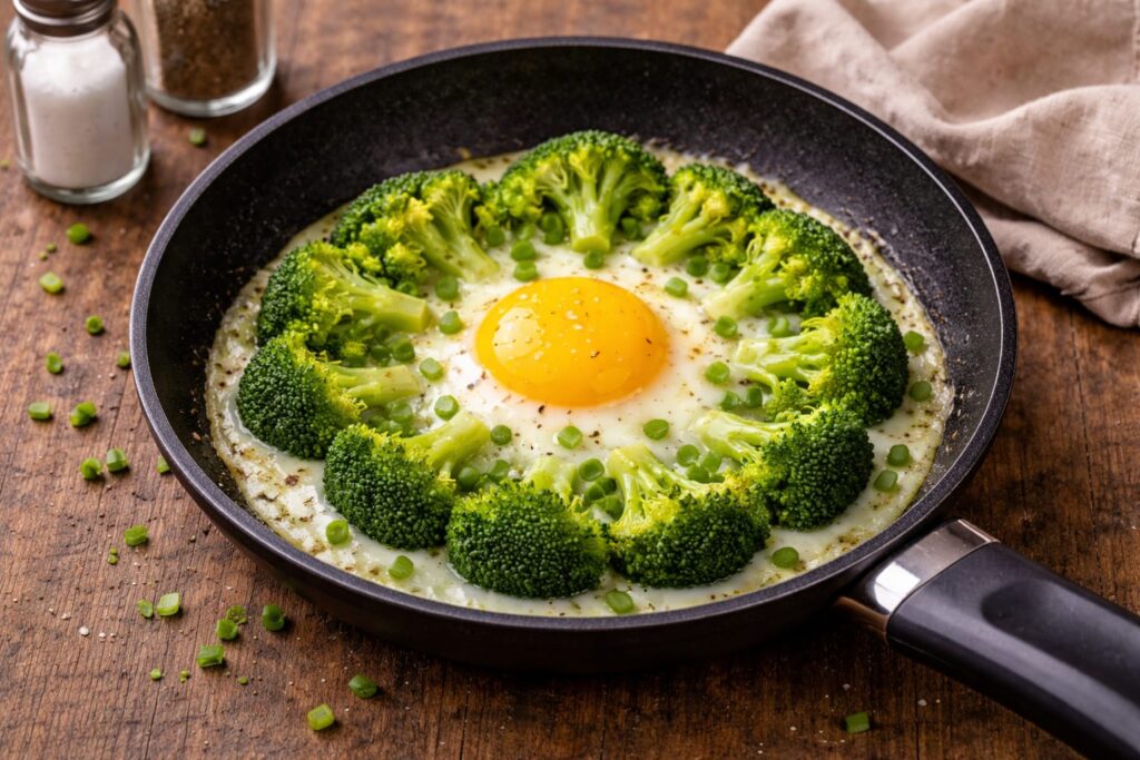 Яєчня з броколі готується на сковороді