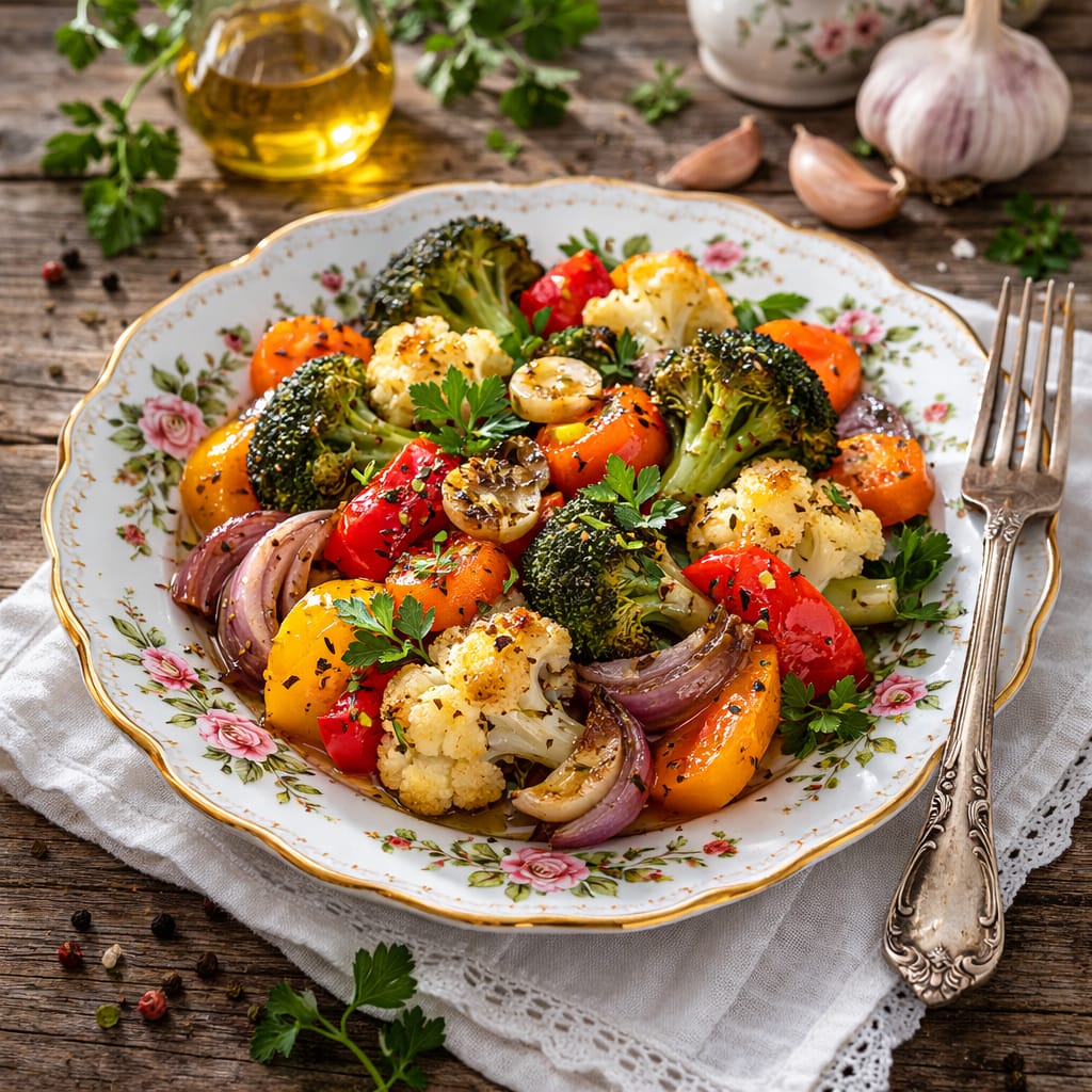 Запечённые овощи с брокколи, цветной капустой, морковью и сладким перцем