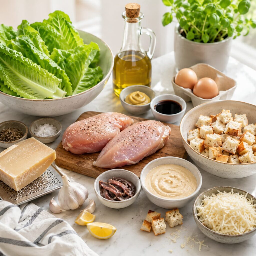 Салат «Цезарь» с курицей и домашним соусом 6 Ингредиенты для салата Цезарь с курицей