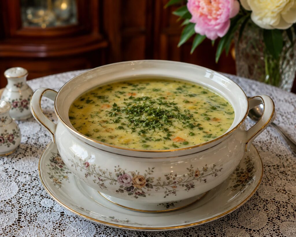 Суп с зелёным горошком и плавленым сыром