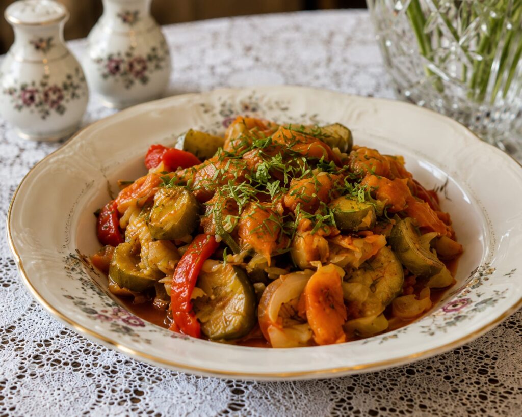 Тёплый салат из кабачков с овощами