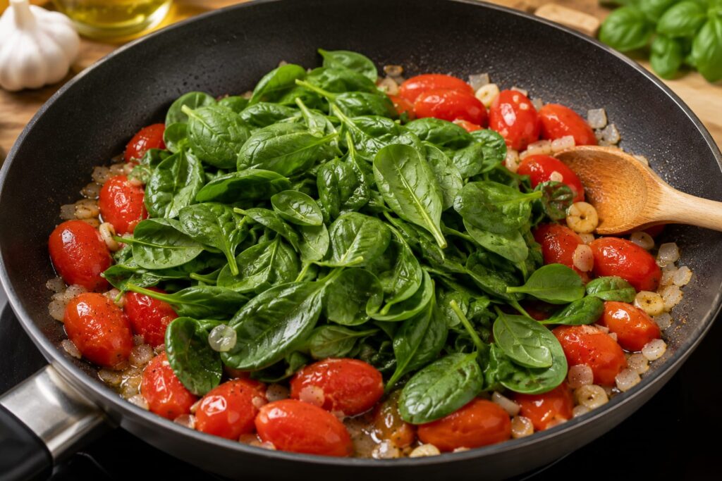Паста средиземноморская с тунцом, черри и зелёными оливками (подходит для диабета 2 типа) 8 Свежий шпинат добавляют на сковороду к овощам