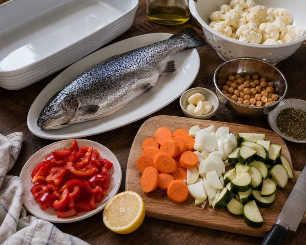 Ингредиенты для приготовления форели с овощами и нутом