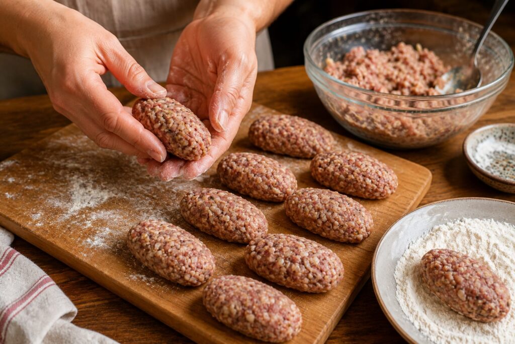 Формирование гречаников из фарша и гречки