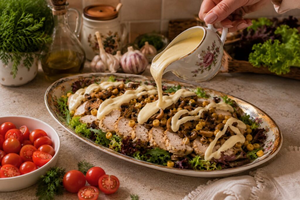 Салат із запеченою курячою грудкою, печерицями та сирно-часниковим соусом 8 Поливання салату сирно-часниковим соусом