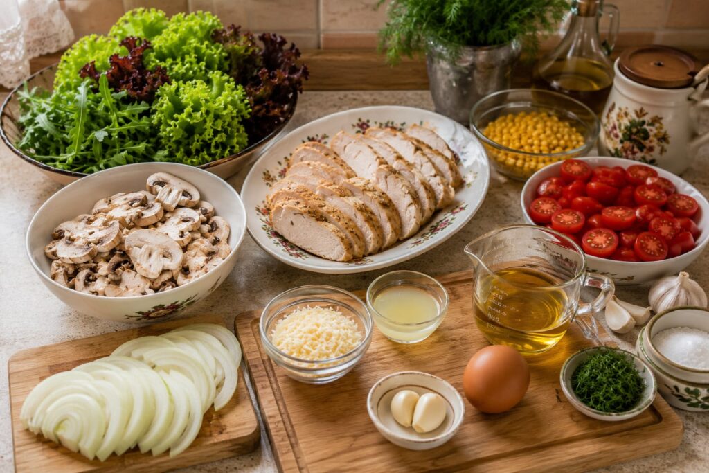 Салат із запеченою курячою грудкою, печерицями та сирно-часниковим соусом 6 Інгредієнти для салату з курячою грудкою та печерицями