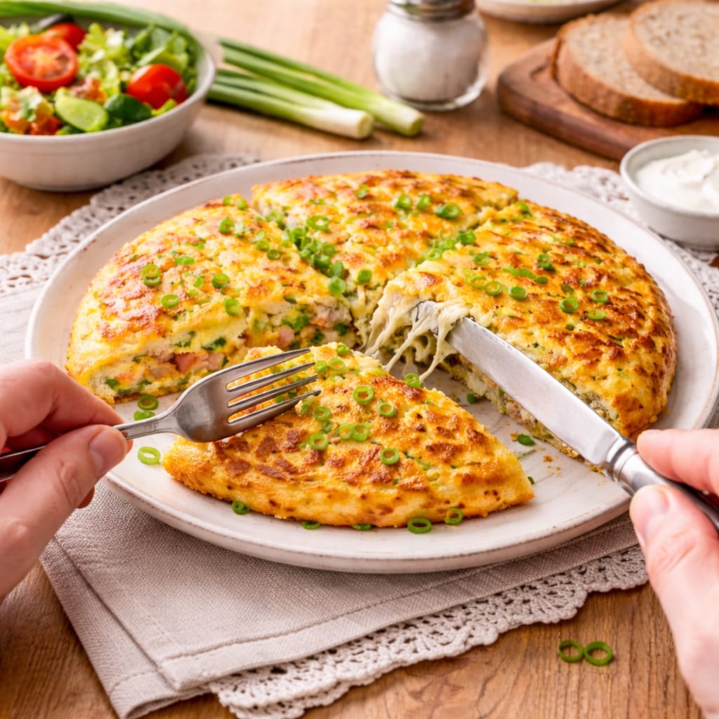Кабачок заливной с ветчиной и сыром на тарелке