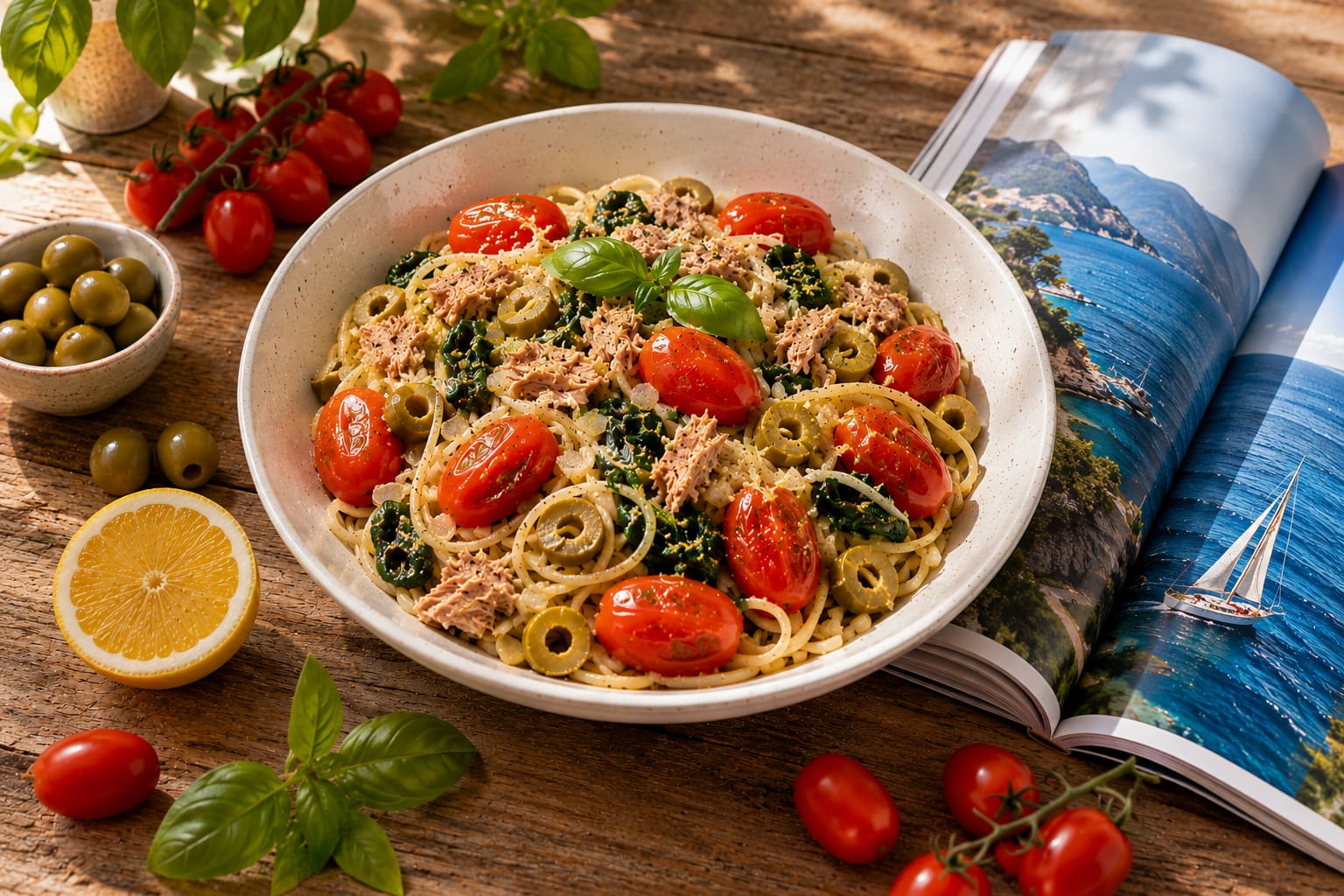 Паста средиземноморская с тунцом, черри и зелёными оливками (подходит для диабета 2 типа) 3 Паста средиземноморская с тунцом, черри и зелёными оливками (подходит для диабета 2 типа)