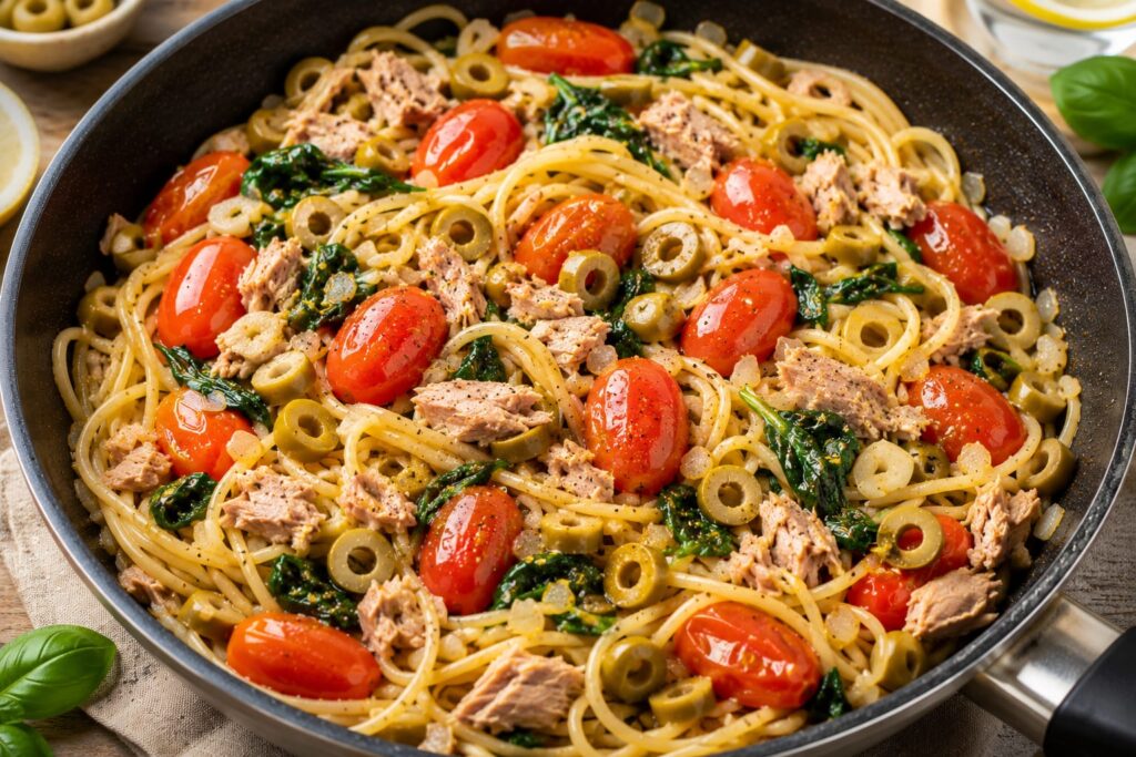 Паста средиземноморская с тунцом, черри и зелёными оливками (подходит для диабета 2 типа) 9 Паста с тунцом черри и зелёными оливками на сковороде