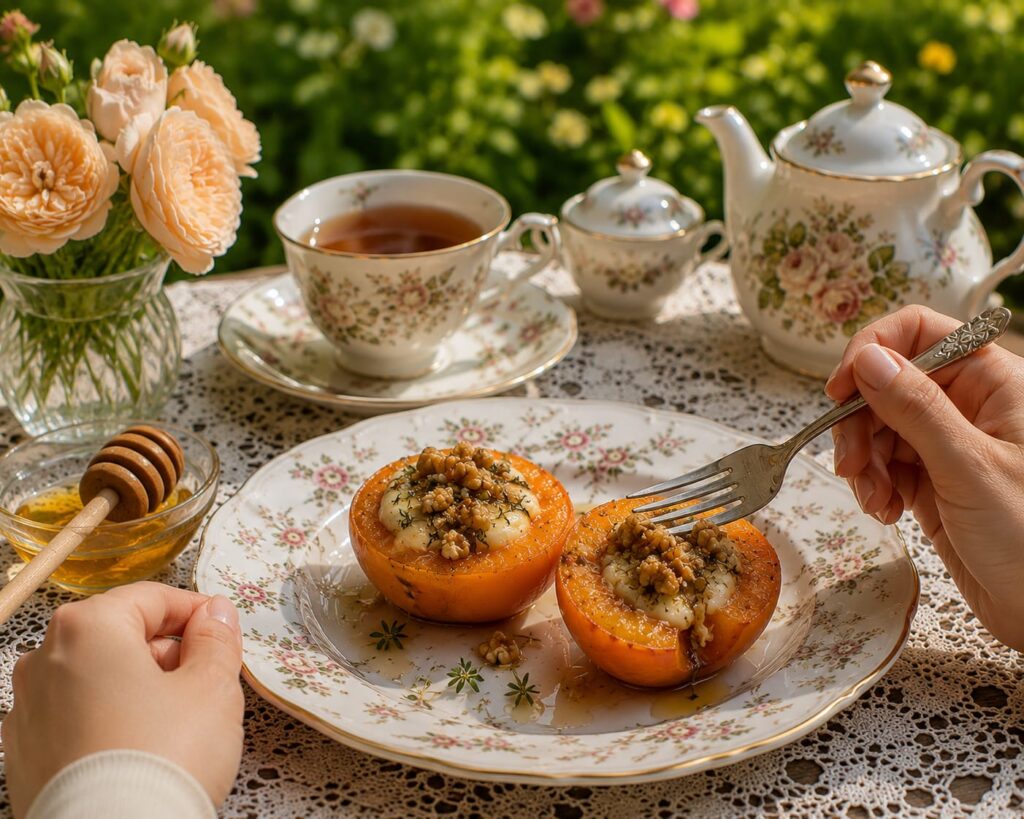 Абрикосы запечённые с камамбером и орехами 7 Подача запечённых абрикосов с сыром и орехами к чаю