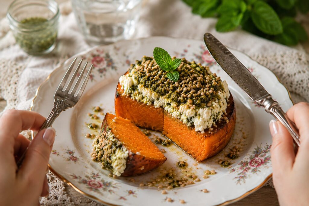 Батат запечённый с пряной фетой и кунжутом 8 Запечённый батат с пряной фетой в разрезе