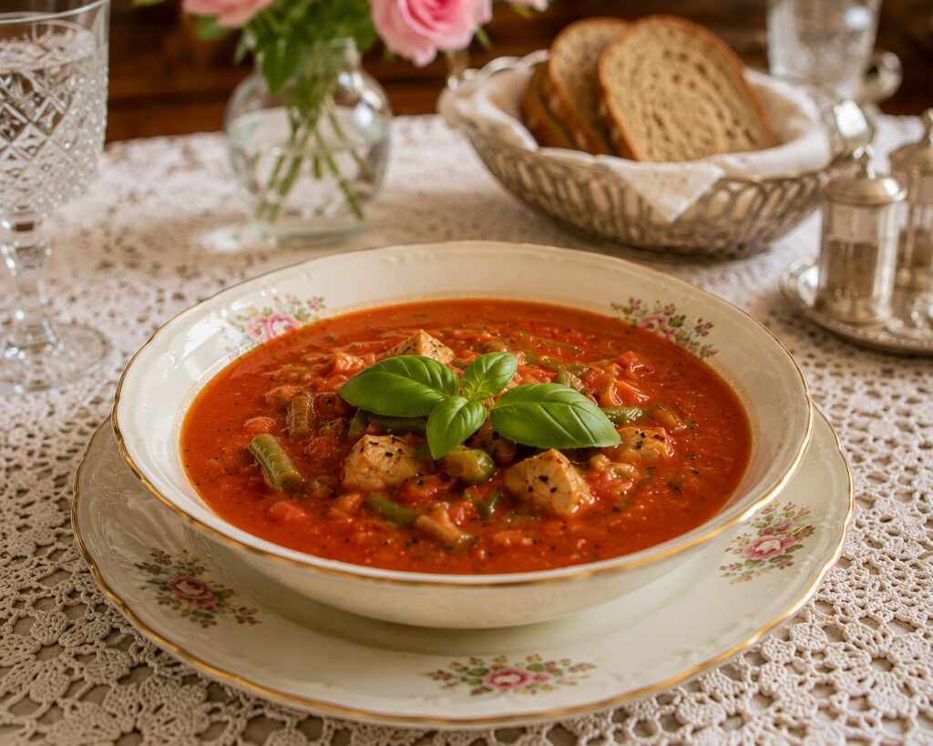 Летний обед для диабетика 2 типа: томатный суп, запечённая курица и спагетти с песто 6 Томатный суп с куриной грудкой и стручковой фасолью