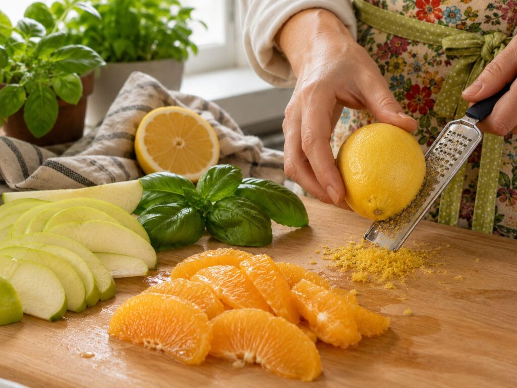 Апельсин, яблоко и лимонная цедра для весеннего салата