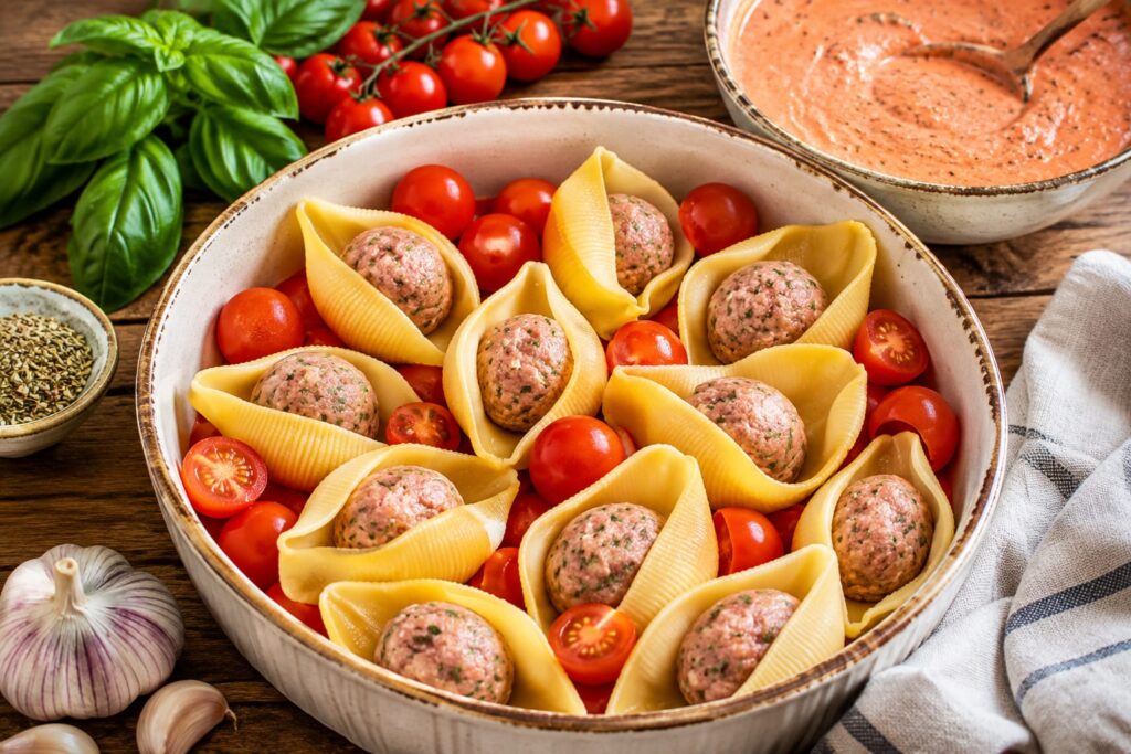 Гигантские ракушки с фрикадельками, черри и сулугуни 12 Conchiglioni с фрикадельками и помидорами черри в форме для запекания
