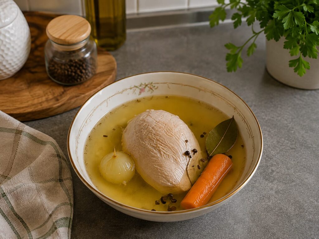 Салат с индейкой, яйцами и зелёными оливками 10 Отварное филе индейки остывает в бульоне